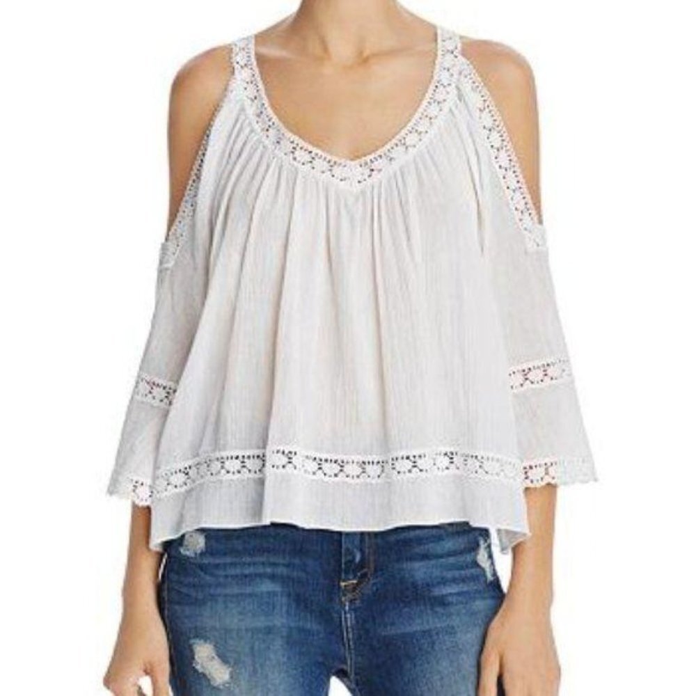 Rebecca Minkoff Deneuve‎ Cold-Shoulder Top White Crochet Eyelet Women's Sz Small